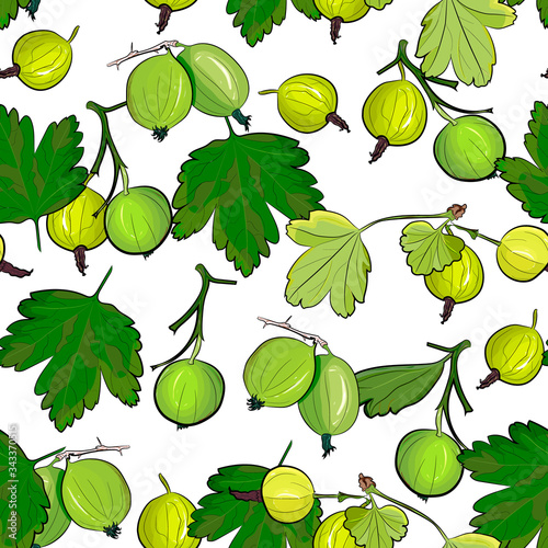 Ripe gooseberries seamless pattern. Summer berry background with berries. vector illustration, hand-drawing.