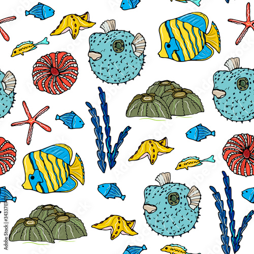 Underwater world, marine seamless pattern with fish, corals, shells, jellyfish. Coral reef, aquarium, doodle hand drawing. For children's clothes, fabrics, wallpapers, packaging