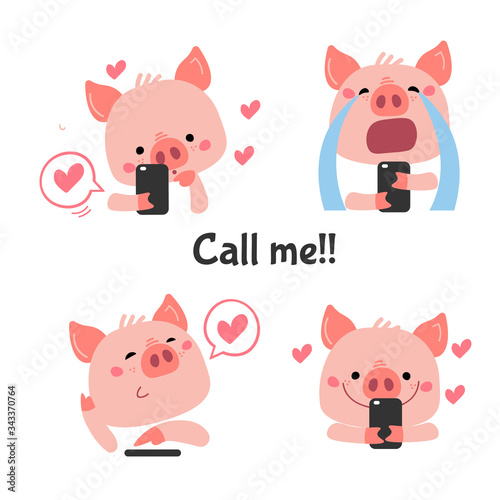 Vector Pink Piggy with telephone. Stickers for social network, avatars
