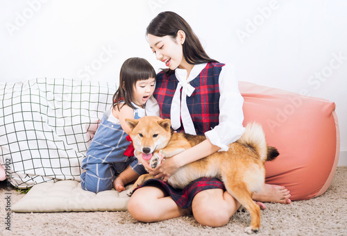 Pet Lover concept. A girl and young woman with a Shiba Inu dog on a sofa in a white Japanese-style living room.
