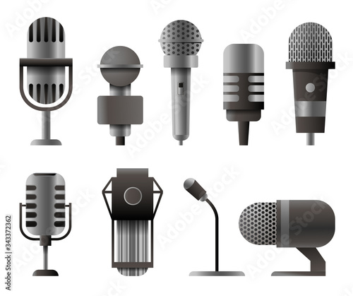 Microphone set in realistic style. Microphones for audio podcast broadcast. illustration isolated on white background