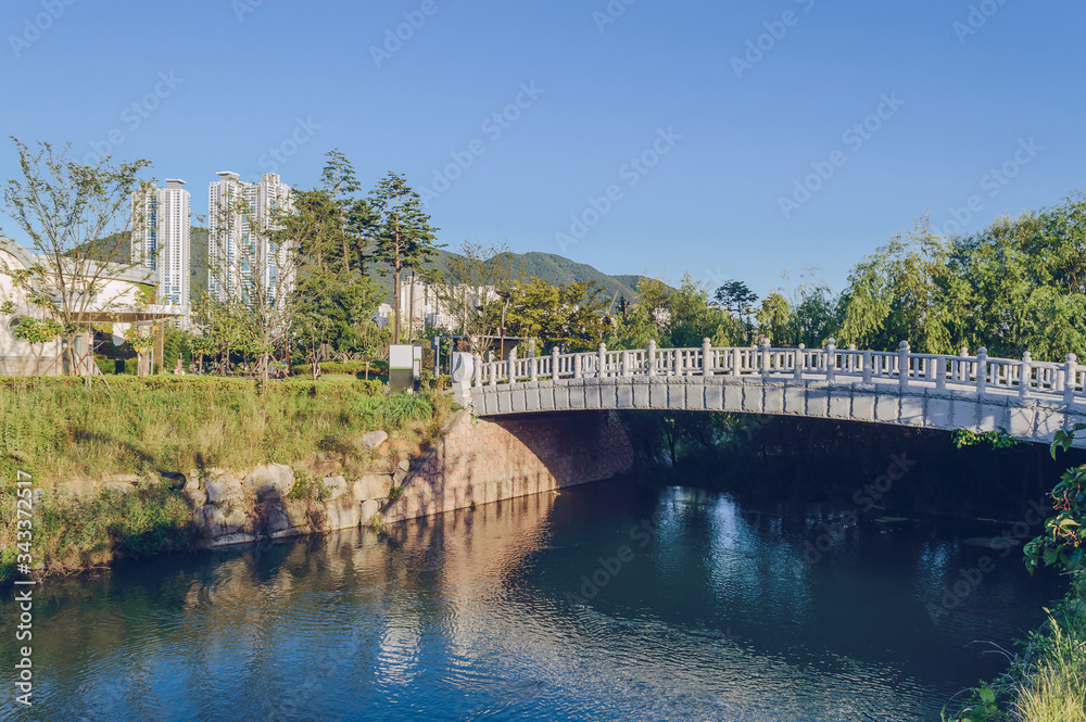 view of pond and bridge across it in park