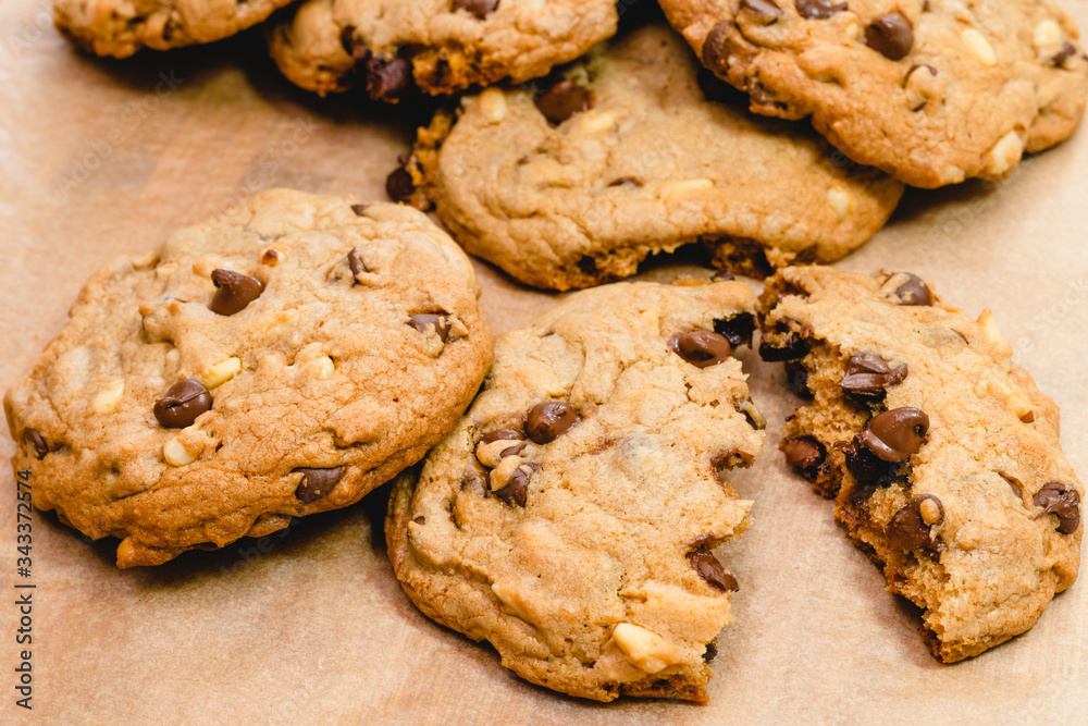 Chocolate chip cookies with pine nuts. Homemade old-fashioned Chocolate Chip Cookies close up. American cuisine, dessert Chocolate chip cookies with pine nuts. Homemade old-fashioned Chocolate Chip Cookies close up. American cuisine, dessert