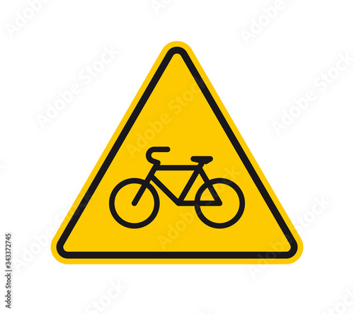 Vector yellow triangle sign - black silhouette cycle. Isolated on white background.