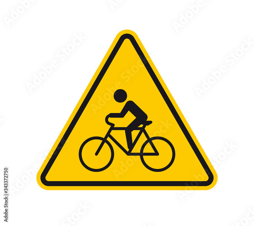 Vector yellow triangle sign - black silhouette biker on cycle. Isolated on white background.