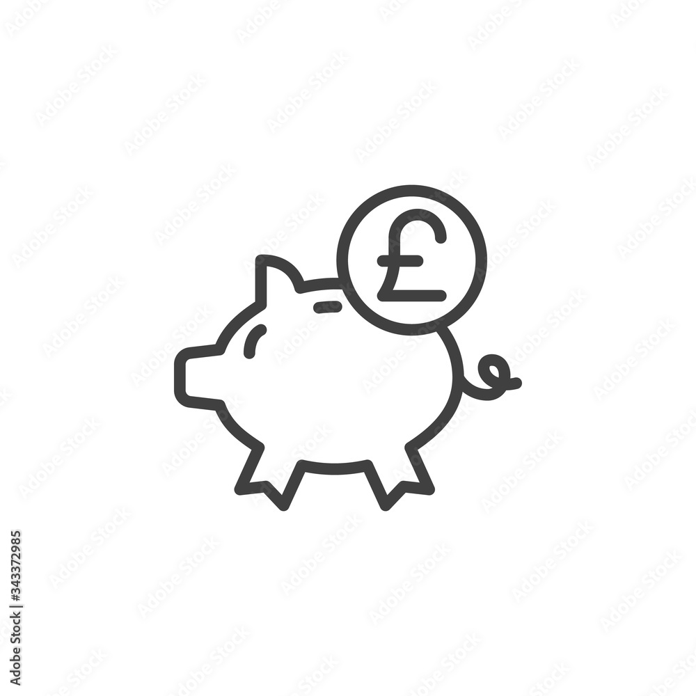 Piggy bank and Pound coin line icon. linear style sign for mobile concept and web design. Pound money savings outline vector icon. Symbol, logo illustration. Vector graphics Piggy bank and Pound coin line icon. linear style sign for mobile concept and web design. Pound money savings outline vector icon. Symbol, logo illustration. Vector graphics