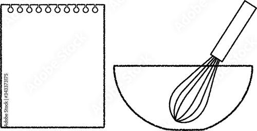 Notepad and a bowl with whisk. 手描き風のメモ帳と料理用ボール（ボウル）と泡立て器、メッセージ背景
