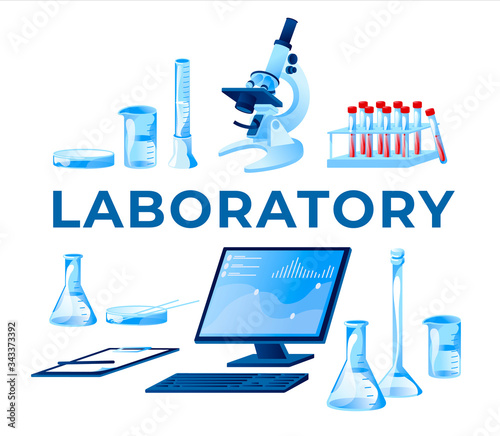 Special equipment for science medical and biology laboratory set of objects isolated blue background
