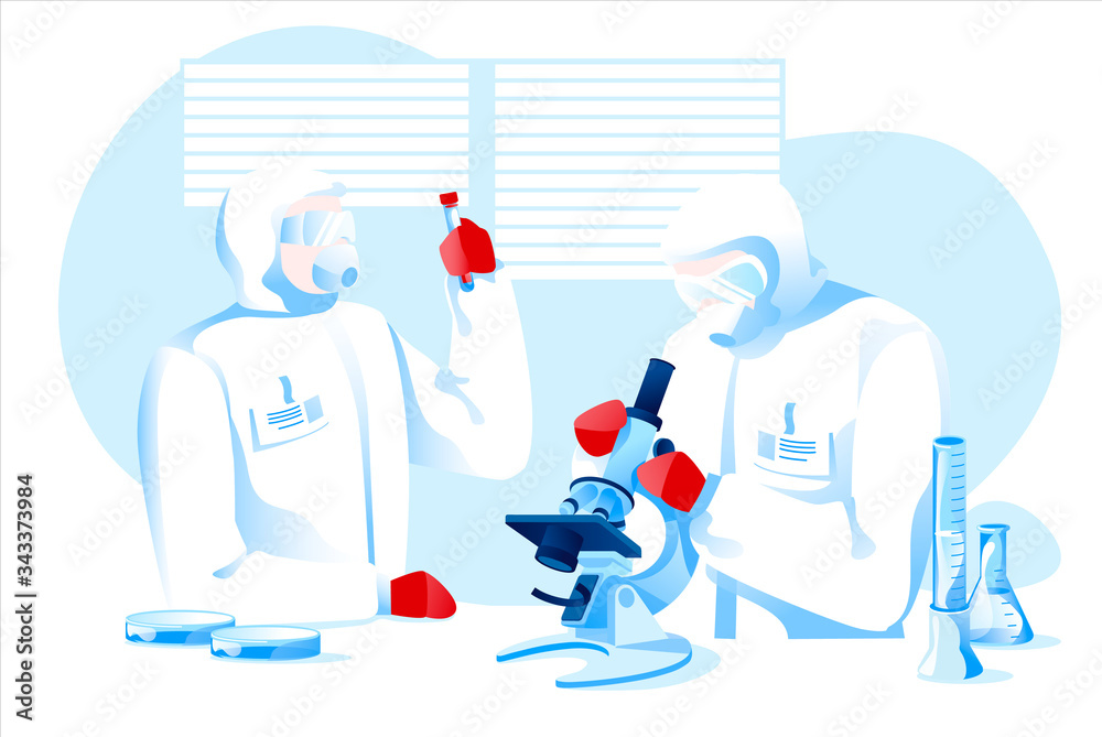 Two scientist in protection suits making research vaccine for pandemic isolated white background Two scientist in protection suits making research vaccine for pandemic isolated white background