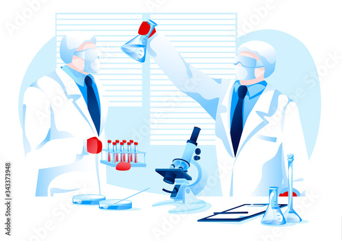 Two scientist in protection suits making research vaccine for pandemic isolated white background