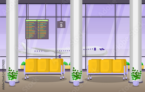Airport Airplane Terminal Gate Waiting Room Hall Interior Flat Illustration