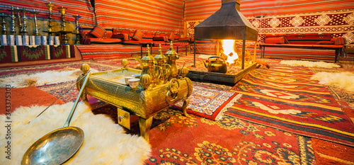 Inside of a traditional Bedouin tent in Arab desert. Banner edition.