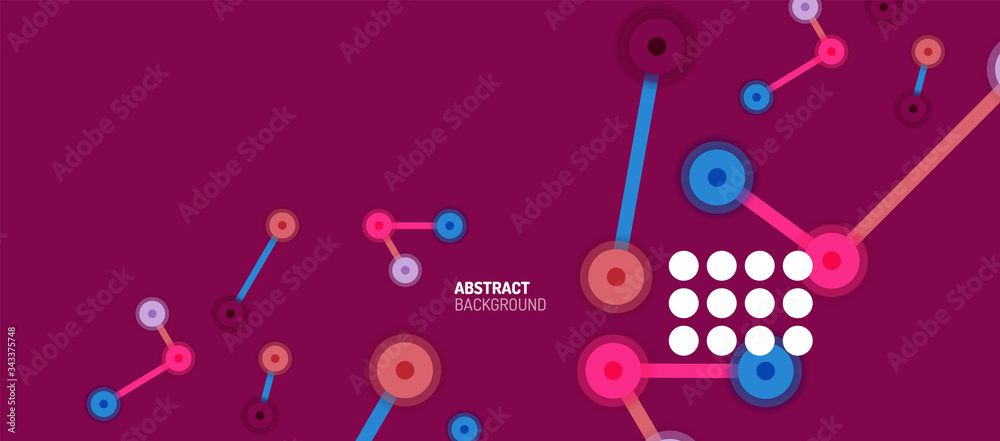 Flat style geometric abstract background, round dots or circle connections on color background. Technology network concept. Flat style geometric abstract background, round dots or circle connections on color background. Technology network concept.