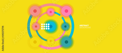 Flat style geometric abstract background, round dots or circle connections on color background. Technology network concept.