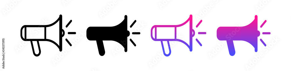 set of flat line black and modern social media gradient colored megaphone logo sign symbol, stock vector illustration clip art design element isolated on white background