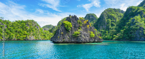 Landscape of tropical islands with rocks. Coron, El Nido, Philippines. Banner.