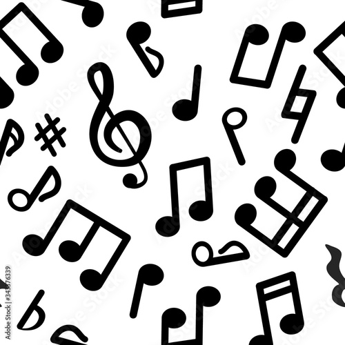 Abstract music seamless pattern of music notes. Black and white music background. Vector illustration melody.