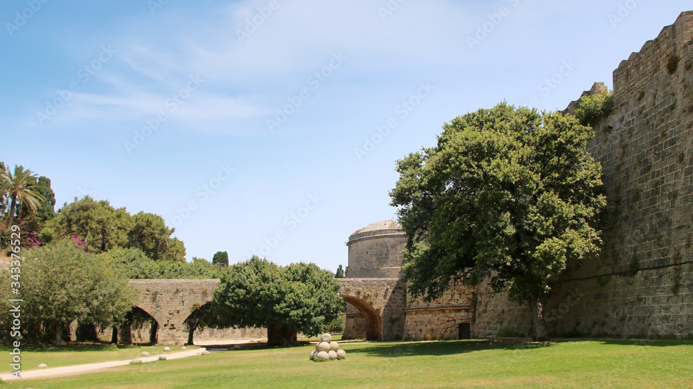 Gate D`Amboise and the bastions with the bridge, fortifications of Rhodes, Rhodes Fortress, Old Town of Rhodes, Greece
