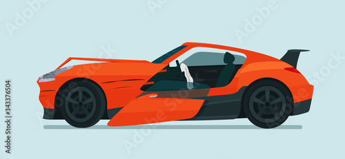 Car sports coupe with damage after an accident isolated. Side view. Vector flat style illustration.