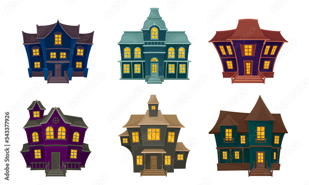 Gloomy Houses with Shiny Yellow Windows Vector Set