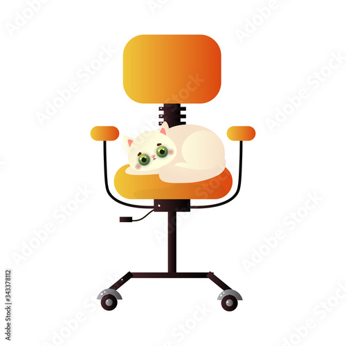 Cute domestic white cat character lying on the tall orange office chair. Vector illustration in flat cartoon style