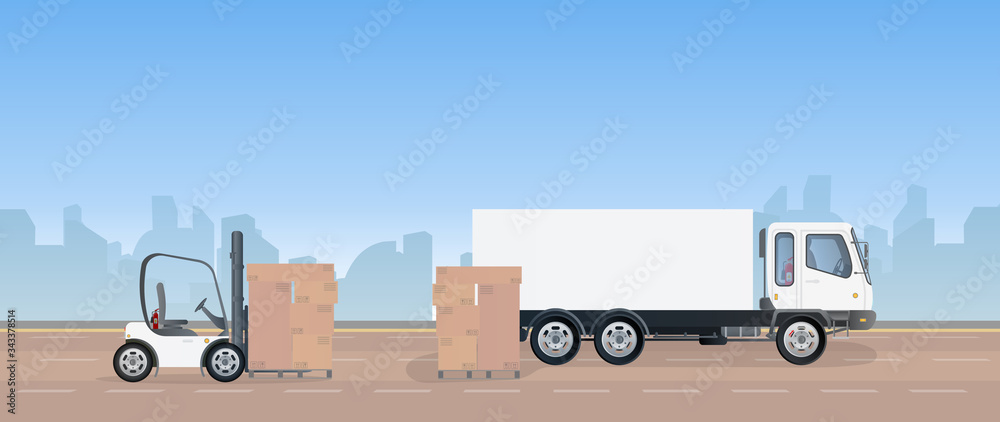 A lorry and a pallet with cardboard boxes stands on the road. Forklift raises the pallet. Industrial forklift. Carton boxes. The concept of delivery and loading of cargo. Isolated. Vector design