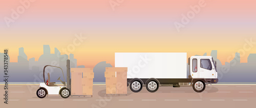 A lorry and a pallet with cardboard boxes stands on the road. Forklift raises the pallet. Industrial forklift. Carton boxes. The concept of delivery and loading of cargo. Isolated. Vector design