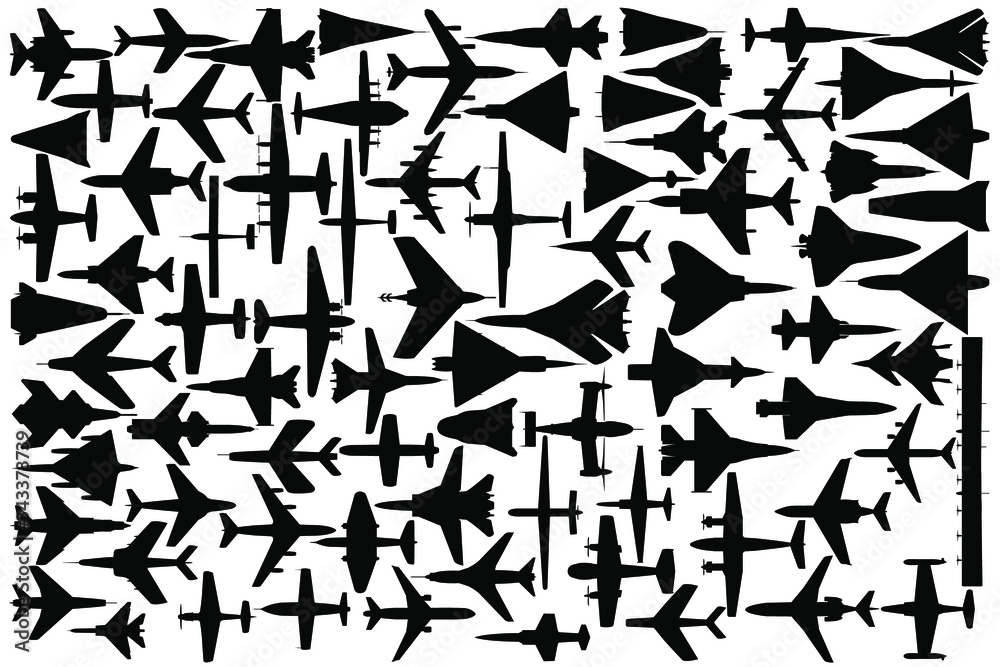 Airplane silhouettes. Set airplane. Collection silhouettes of airplane. Bundle airplane. Vector illustration.