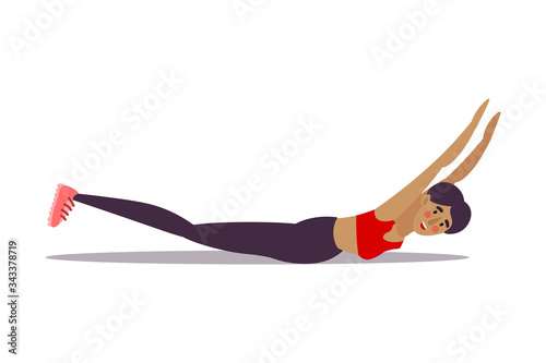 Cute young dark-haired trainer girl doing yoga exercise crocodile pose in a gym. Vector illustration in the flat cartoon style