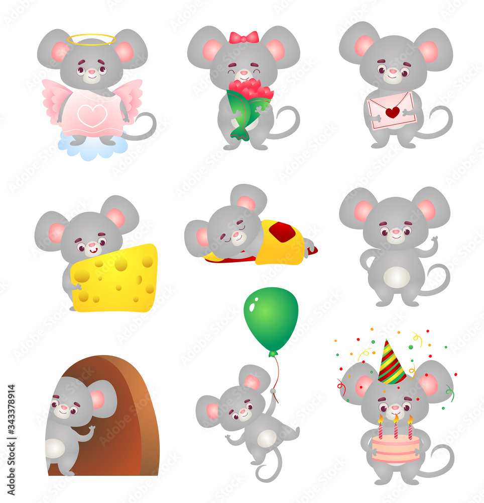 Set of the cute grey mouse in different situations. Vector illustration in flat cartoon style.