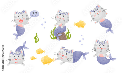 Mermaid Cat Character with Fishtail Wearing Floral Wreath and Swimming Underwater Vector Set