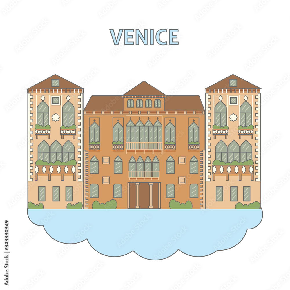 Venice city skyline: building. Flat design line vector illustration concept. Isolated icon on white background