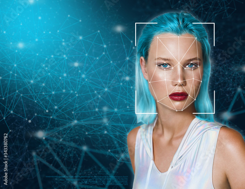Portrait of a beautiful young woman in futuristic style against the background of dots connected by lines.