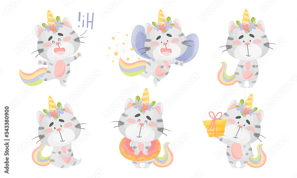 Cute Striped Cat Unicorn with Rainbow Tail and Twisted Horn Greeting and Carrying Gift Box Vector Set Cute Striped Cat Unicorn with Rainbow Tail and Twisted Horn Greeting and Carrying Gift Box Vector Set