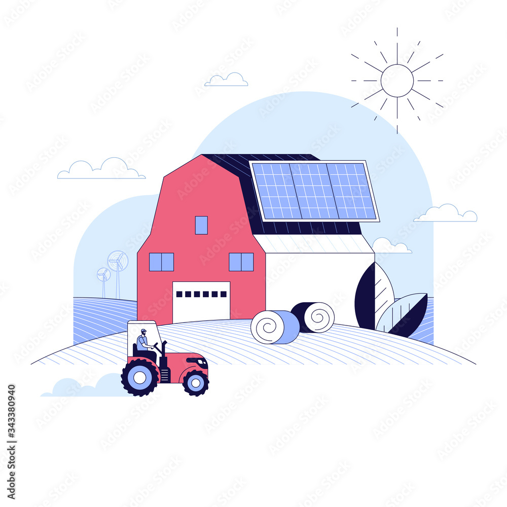 Smart farm. Solar panels on roof of farm house