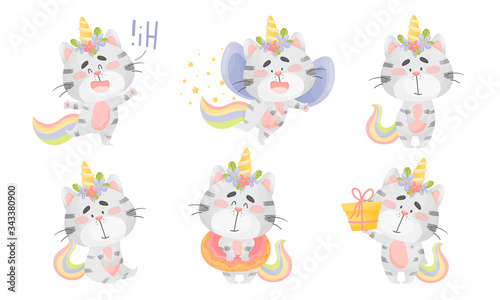Cute Striped Cat Unicorn with Rainbow Tail and Twisted Horn Greeting and Carrying Gift Box Vector Set