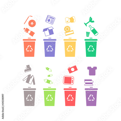 Vector image. Recycling. Recycling set by category. Branded graphics. Color images - plastic, paper, glass, aluminum, rags.