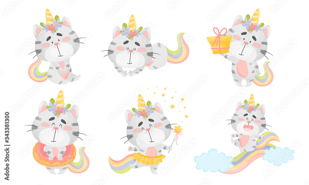 Cute Striped Cat Unicorn with Rainbow Tail and Twisted Horn Sleeping and Carrying Gift Box Vector Set