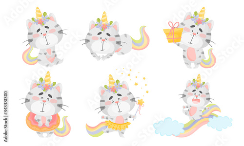 Cute Striped Cat Unicorn with Rainbow Tail and Twisted Horn Sleeping and Carrying Gift Box Vector Set