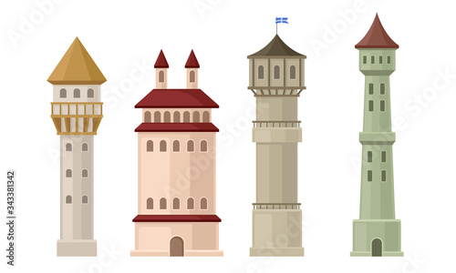 High Stone Towers with Castellation Walls and Windows Vector Set