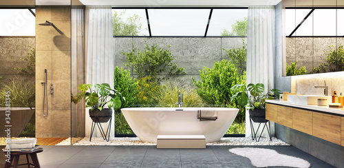 Luxurious modern bathroom with bathtub and large window © slavun
