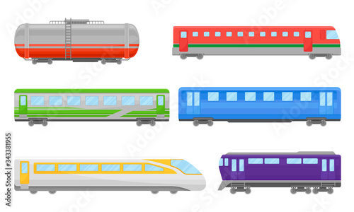 Railroad Transportation and Train Carriage for Freight and Passenger Traffic Vector Set