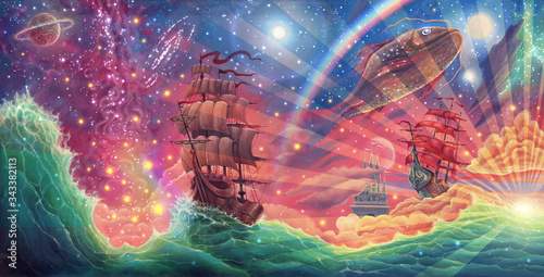 Fototapeta Naklejka Na Ścianę i Meble -  Panoramic oil painting sea landscape on canvas with fantasy sky, stars, clouds, waves, ship, beautiful sunset, sun light beams and rainbow, hand drawn seascape illustration.