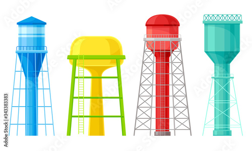 Water Towers or Tank Houses Made of Metal Vector Set