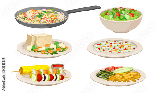 Vegan Dishes and Main Courses with Vegetable Salad and Rice Vector Set