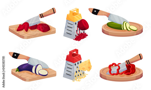 Vegetable Cutting with Knife and Grating with Grater Vector Set