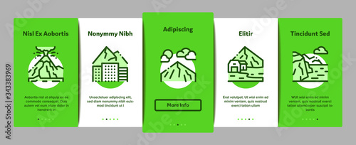 Mountain Landscape Onboarding Mobile App Page Screen Vector. Forest And Camping On Mountain  Volcano And Cave  City Buildings And Bridge Color Contour Illustrations