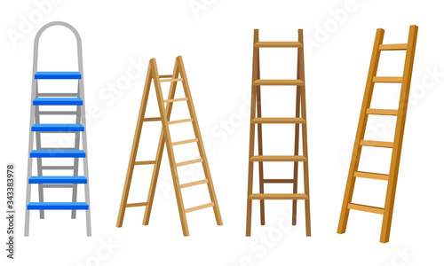Wooden or Steel Step Ladders for Domestic and Construction Needs Vector Set