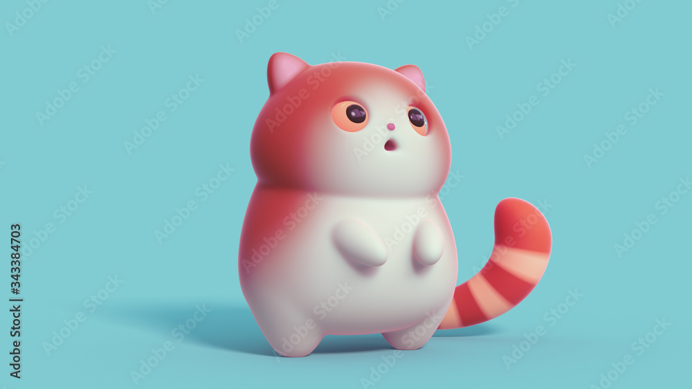 Surprised little kawaii red cat with open mouth and big orange eyes stands on its hind legs on blue background. Cartoon funny cute fat cat with white belly and a striped tail. 3d digital illustration. Surprised little kawaii red cat with open mouth and big orange eyes stands on its hind legs on blue background. Cartoon funny cute fat cat with white belly and a striped tail. 3d digital illustration.