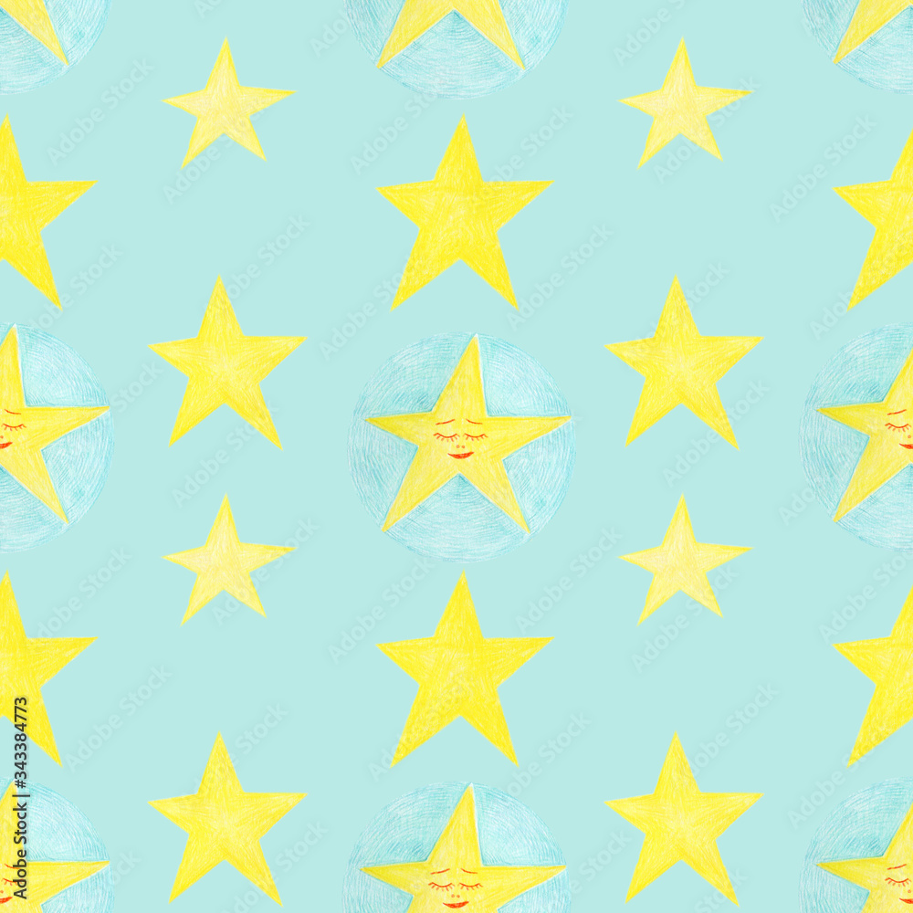 Lovely yellow stars on blue background - repeating pattern in childish style Lovely yellow stars on blue background - repeating pattern in childish style
